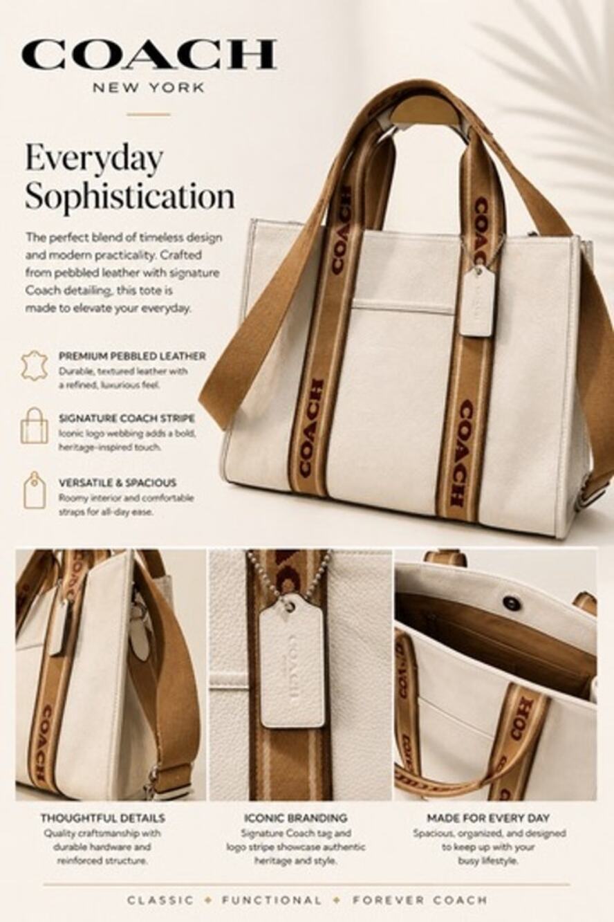 Coach Smith Tote Bag features refined pebble leather signature logo web strap